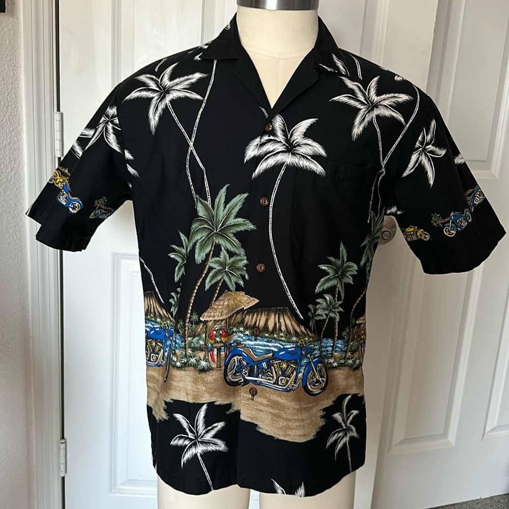VINTAGE KY’s HAWAIIAN SHIRT. Size M. Black w/blue motorcycles & palm trees. VGUC